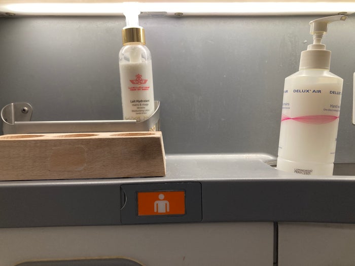 Royal Air Maroc Boeing 737 MAX 8 business class LHR CMN bathroom toiletries Royal Air Maroc Boeing 737 MAX 8 business class LHR CMN bathroom toiletries