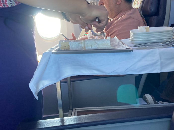 Royal Air Maroc Boeing 737 MAX 8 business class LHR CMN cheese cart Royal Air Maroc Boeing 737 MAX 8 business class LHR CMN cheese cart
