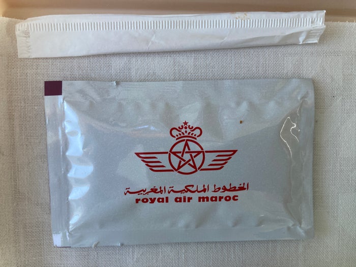 Royal Air Maroc Boeing 737 MAX 8 business class LHR CMN meal service wet wipe toothpick Royal Air Maroc Boeing 737 MAX 8 business class LHR CMN meal service wet wipe toothpick