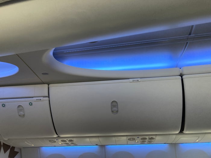 Royal Air Maroc Boeing 737 MAX 8 business class LHR CMN overhead bins Royal Air Maroc Boeing 737 MAX 8 business class LHR CMN overhead bins