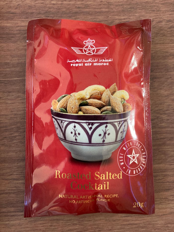 Royal Air Maroc Boeing 737 MAX 8 business class LHR CMN pack of nuts Royal Air Maroc Boeing 737 MAX 8 business class LHR CMN pack of nuts