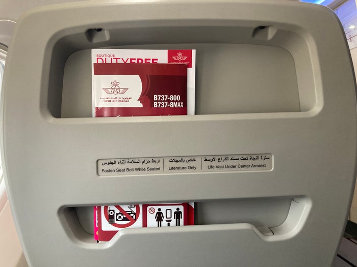 Royal Air Maroc Boeing 737 MAX 8 business class LHR CMN seat back Royal Air Maroc Boeing 737 MAX 8 business class LHR CMN seat back