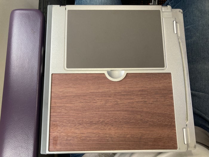 Royal Air Maroc Boeing 737 MAX 8 business class LHR CMN tray table folded Royal Air Maroc Boeing 737 MAX 8 business class LHR CMN tray table folded