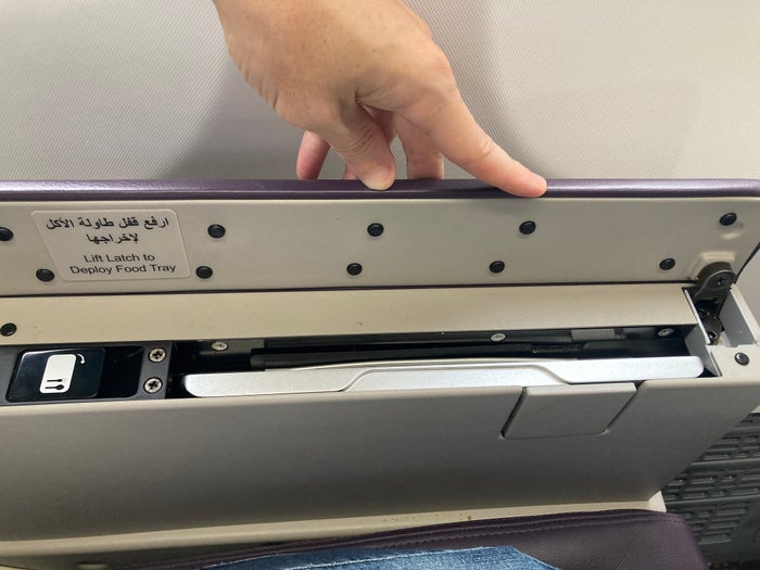 Royal Air Maroc Boeing 737 MAX 8 business class LHR CMN tray table in arm rest Royal Air Maroc Boeing 737 MAX 8 business class LHR CMN tray table in arm rest