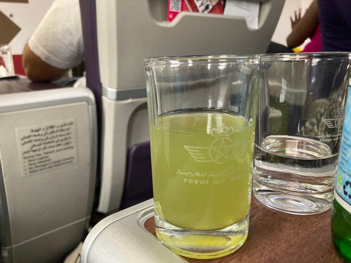 Royal Air Maroc Boeing 737 MAX 8 business class LHR CMN welcome drink Royal Air Maroc Boeing 737 MAX 8 business class LHR CMN welcome drink