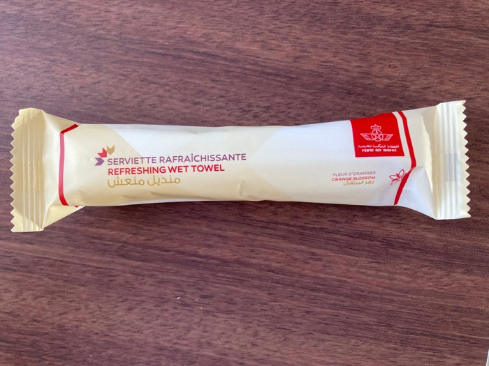 Royal Air Maroc Boeing 737 MAX 8 business class LHR CMN wet towelette Royal Air Maroc Boeing 737 MAX 8 business class LHR CMN wet towelette