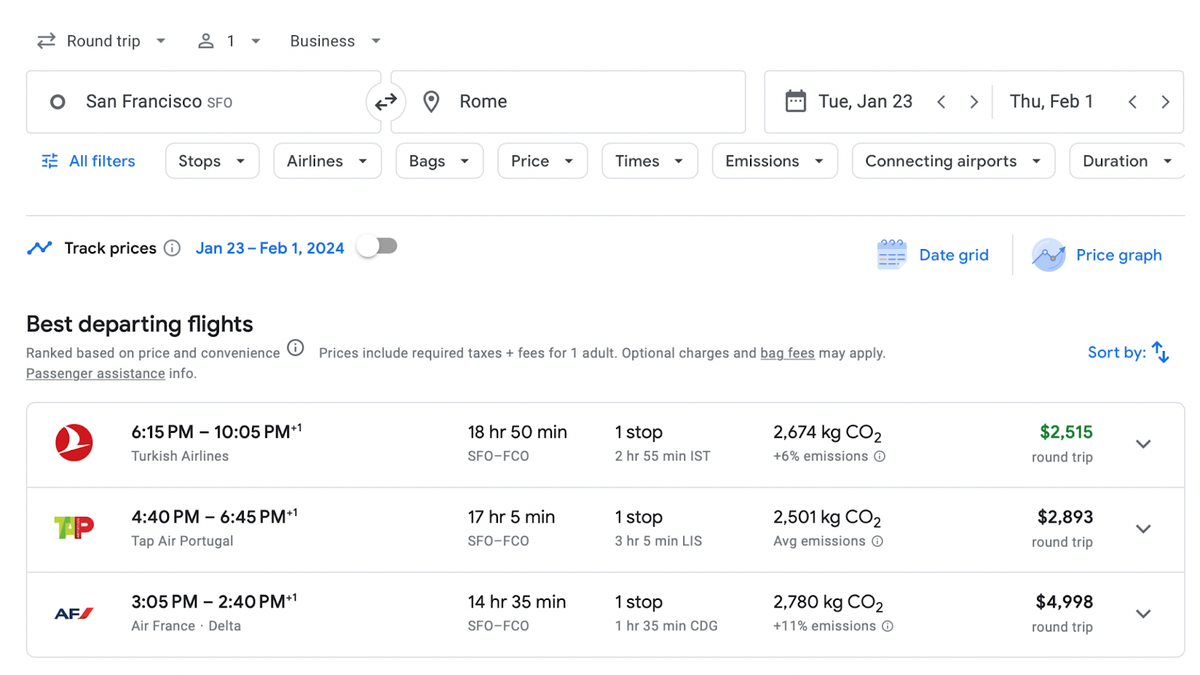 SFO FCO Google flights