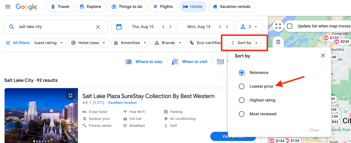 Sort by lowest price on Google Hotels