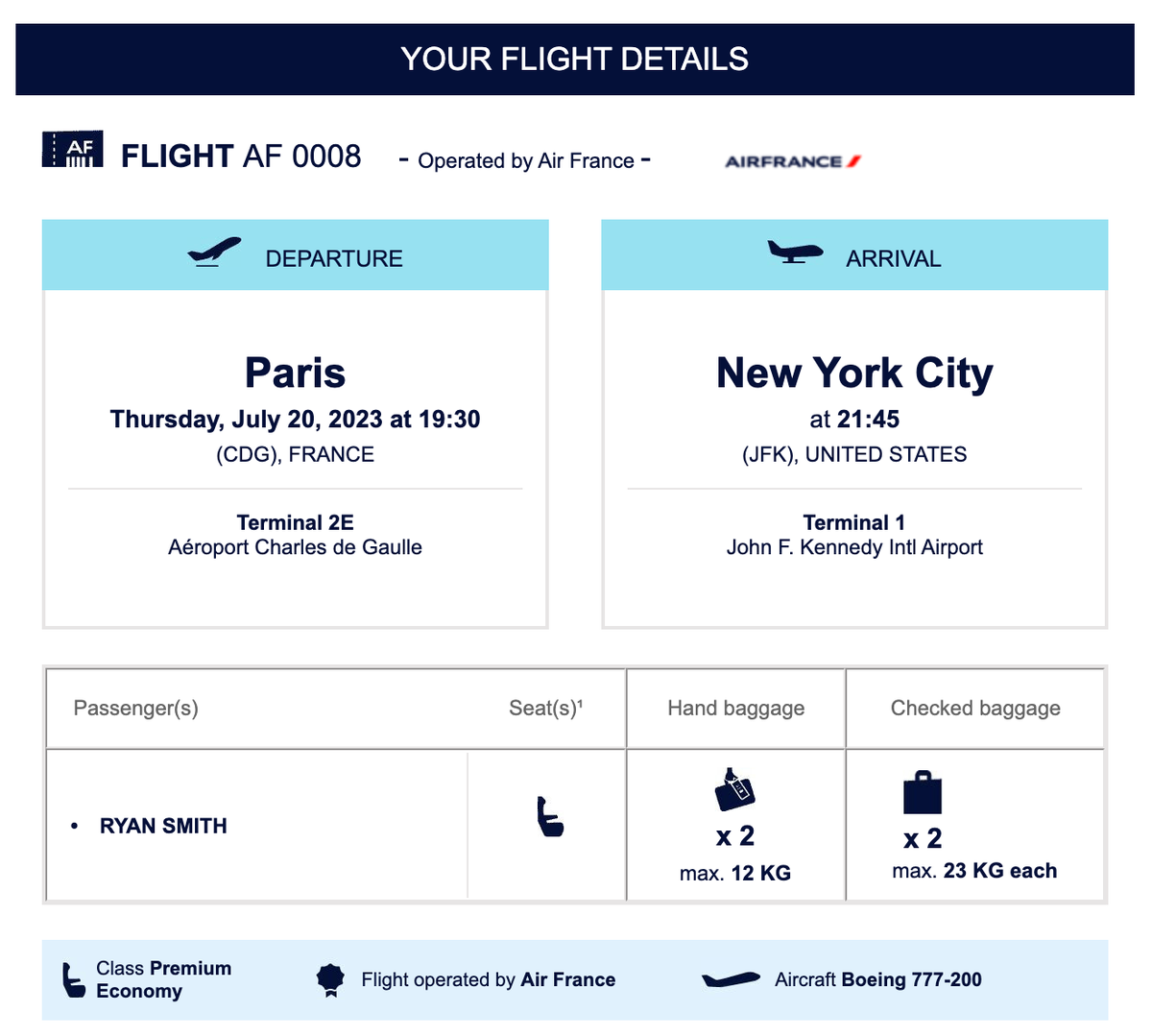 Air France CDG JFK premium economy booking confirmation 