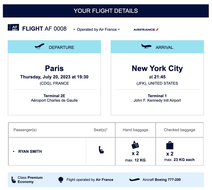 Air France CDG JFK premium economy booking confirmation Air France CDG JFK premium economy booking confirmation