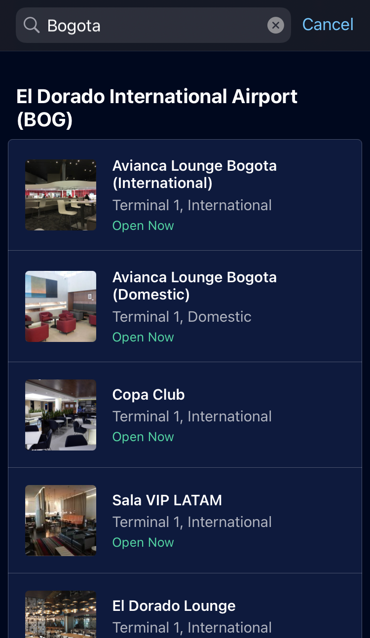American Express Global Lounge Collection locations BOG firrst page