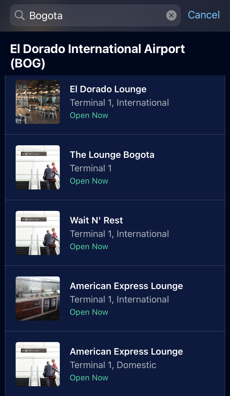 American Express Global Lounge Collection locations BOG showing Amex lounge