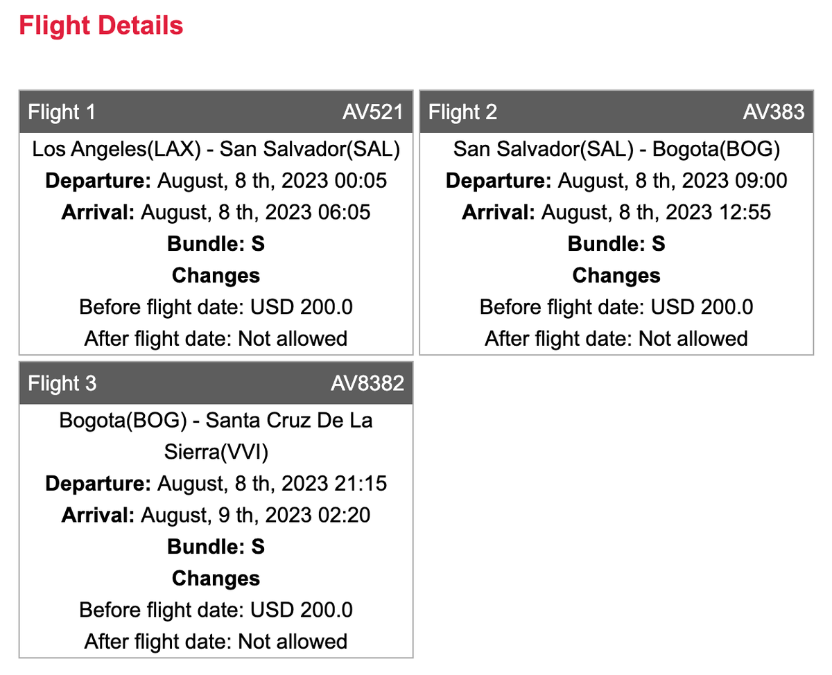 Avianca LifeMiles booking confirmation LAX SAL BOG VVI