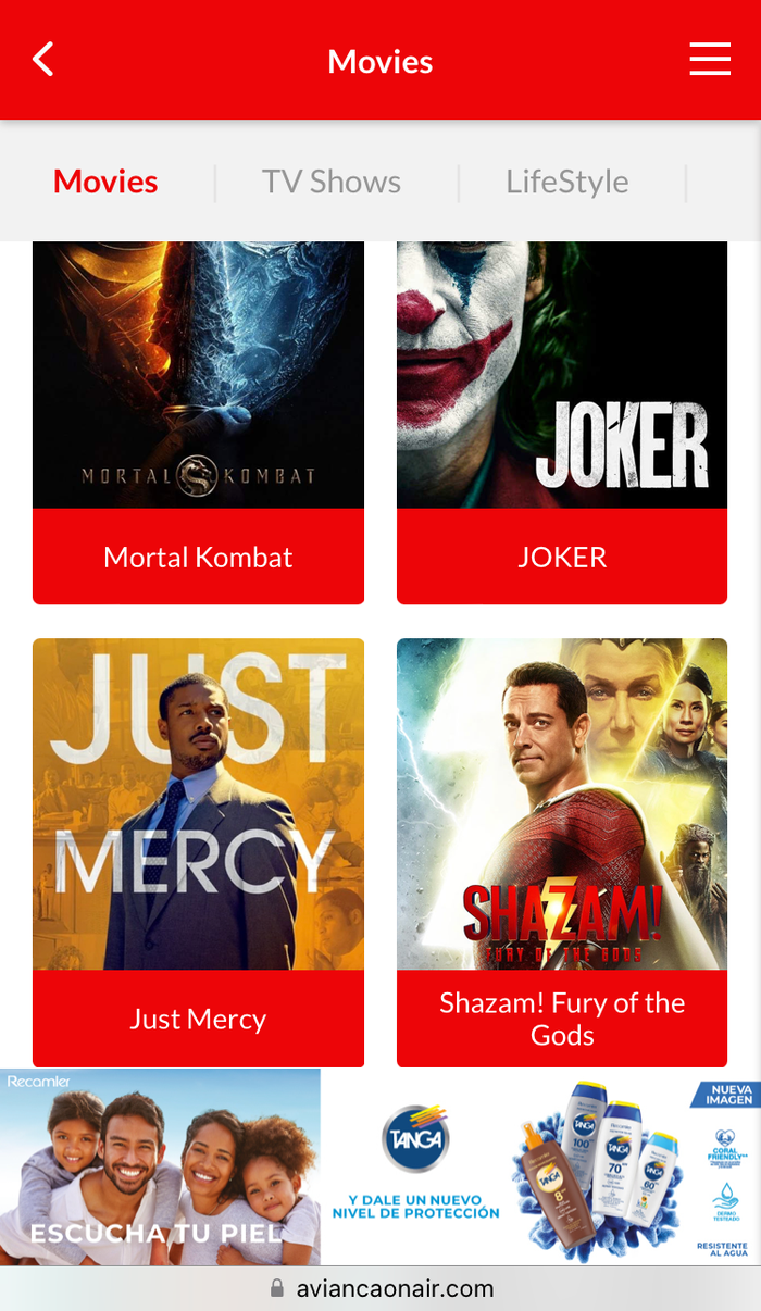 Avianca economy A320 LAX SAL inflight entertainment movies page