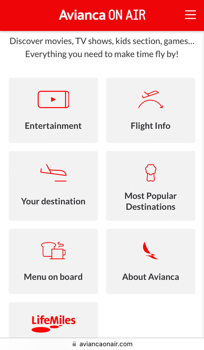 Avianca economy A320 LAX SAL inflight entertainment options page