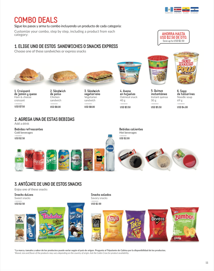Avianca economy A320 LAX SAL inflight menu combo page Avianca economy A320 LAX SAL inflight menu combo page