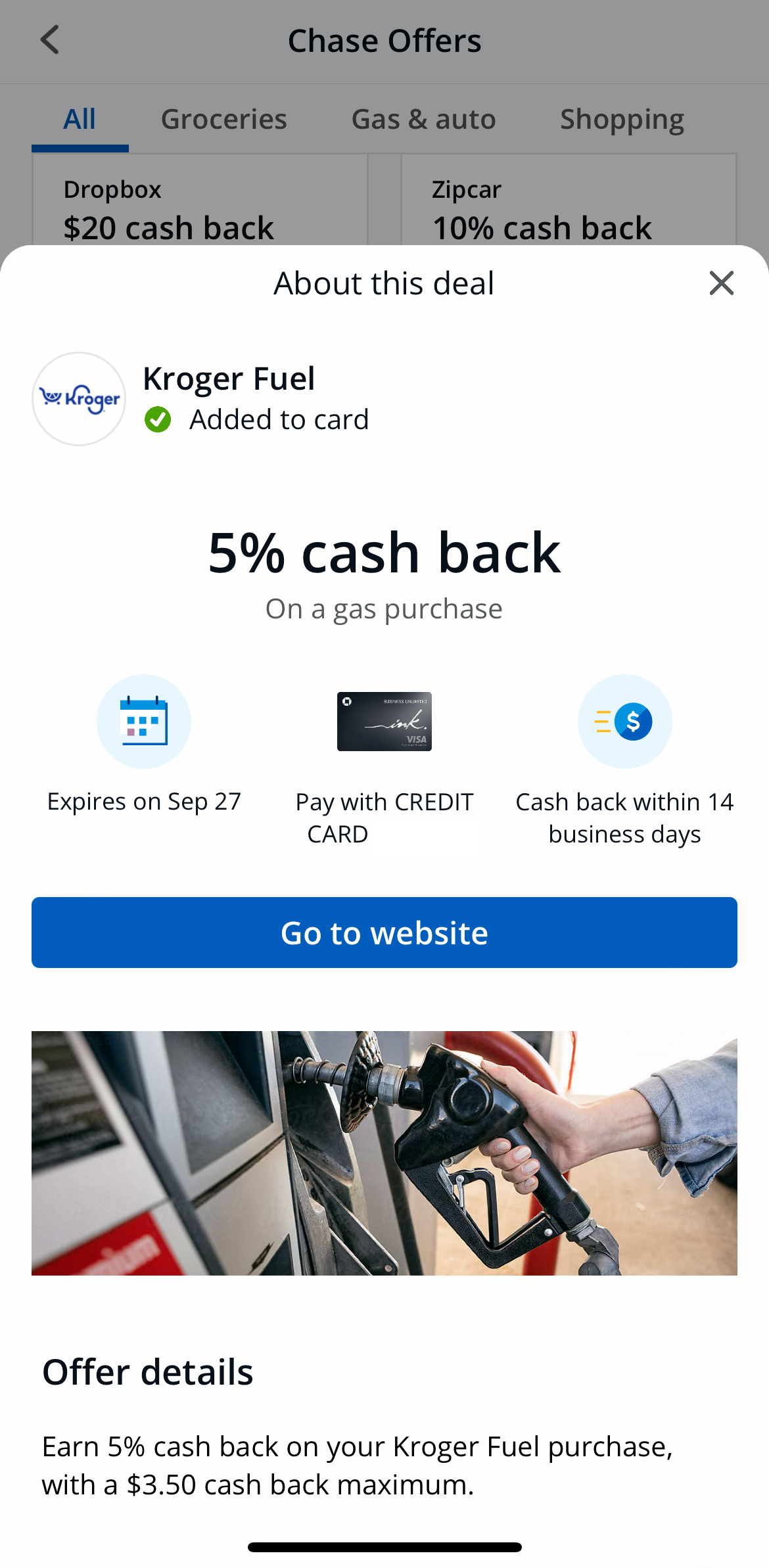 Chase Offer Confirmation on mobile app