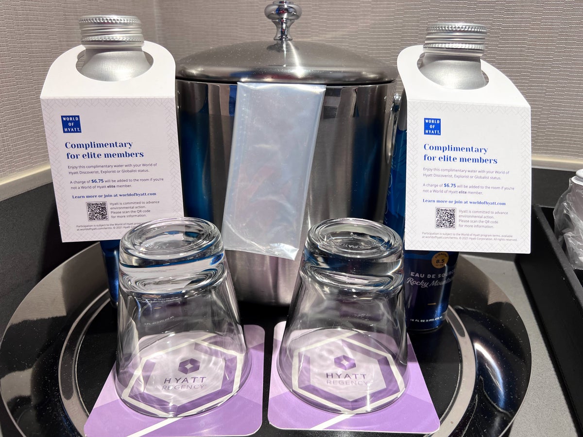 Complimentary water bottles for Hyatt elite members at Hyatt Regency Vancouver