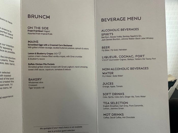 FIji Airways NAN MEL Business Class Menu