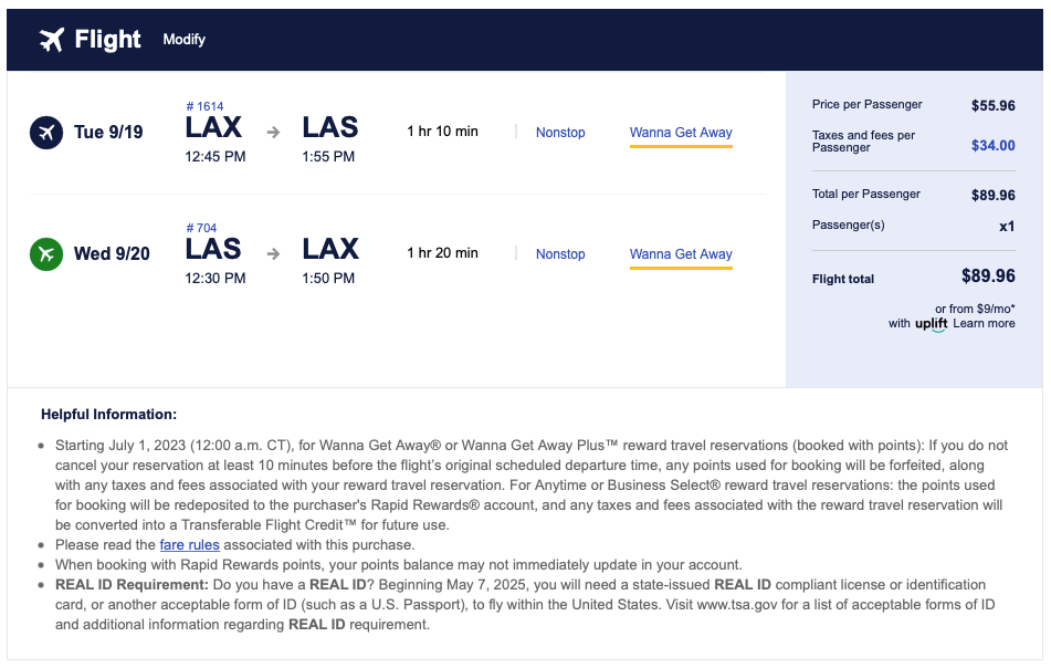LAX LAS Southwest cash rate