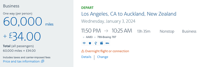 LAX to AKL for 60K AA Miles
