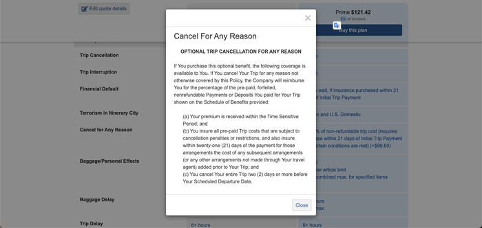 Nationwide Travel Insurance detailed pop up CFAR