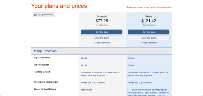 Nationwide Travel Insurance search results for comparison