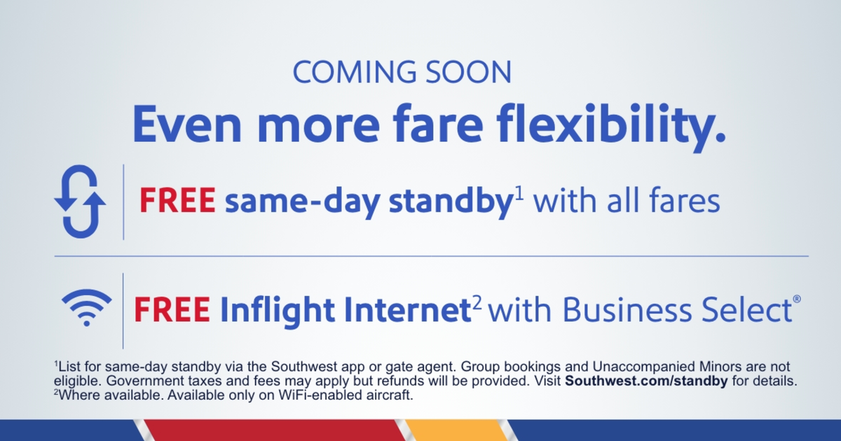 Southwest adds free standby and fre wi fi
