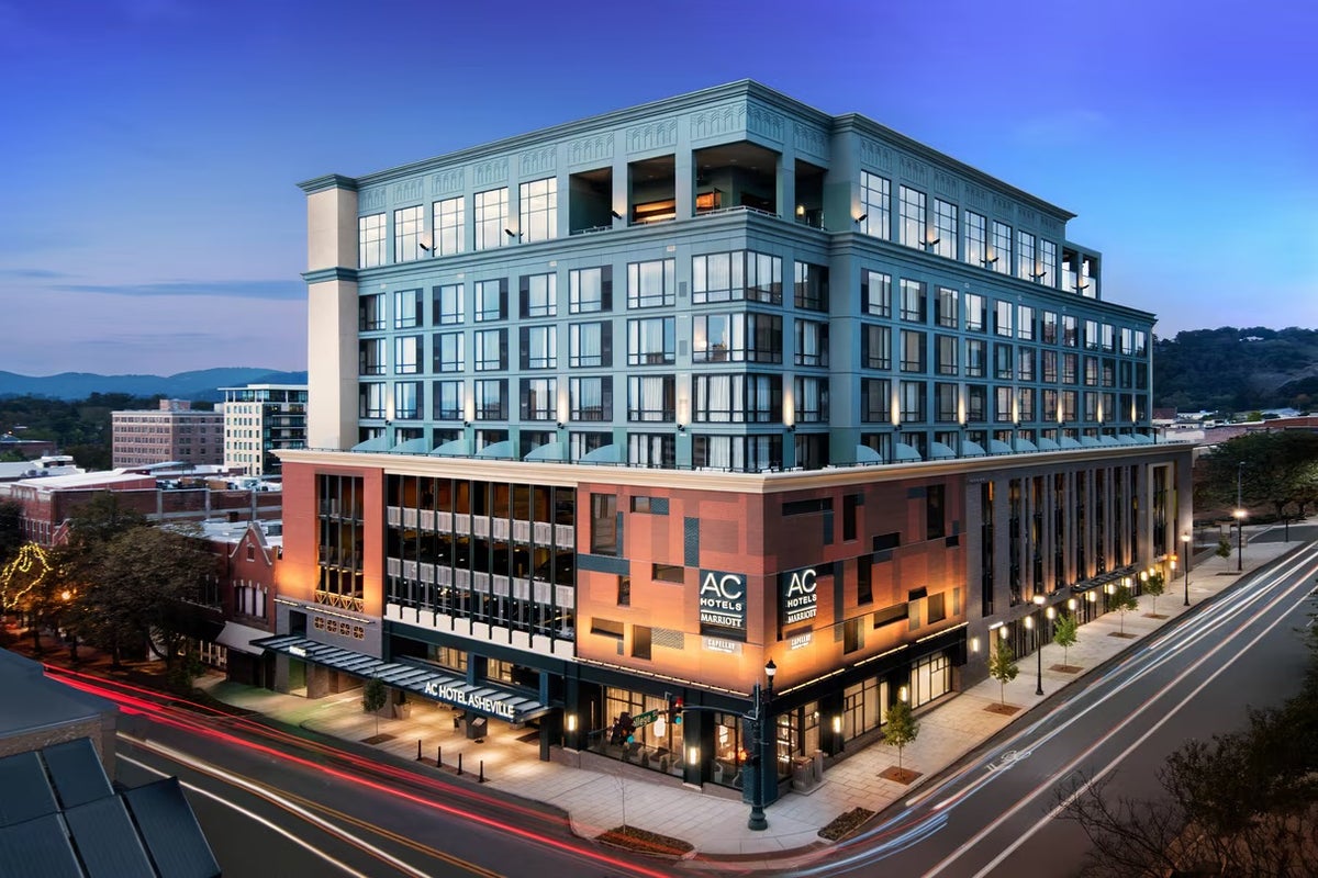 An aerial view of the exterior of AC Hotel Asheville Downtown