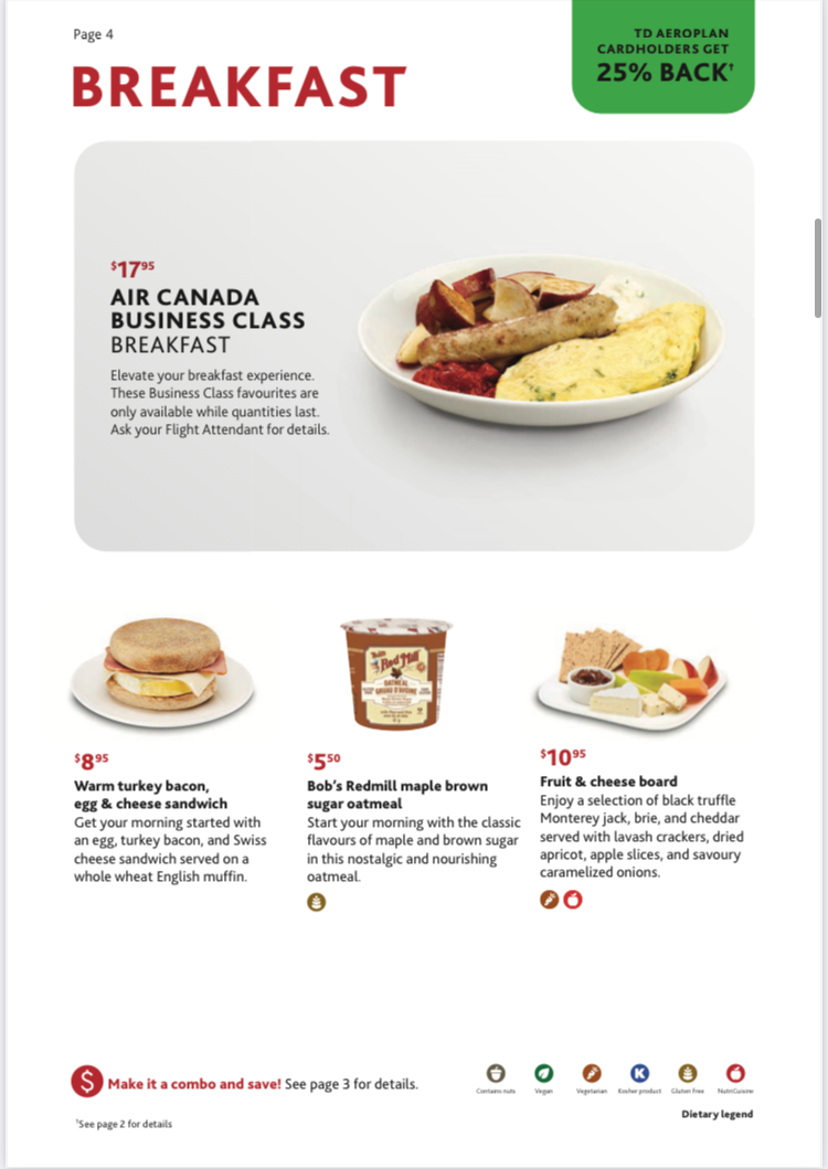 Air Canada A330 300 economy YUL LAX bistro breakfast options