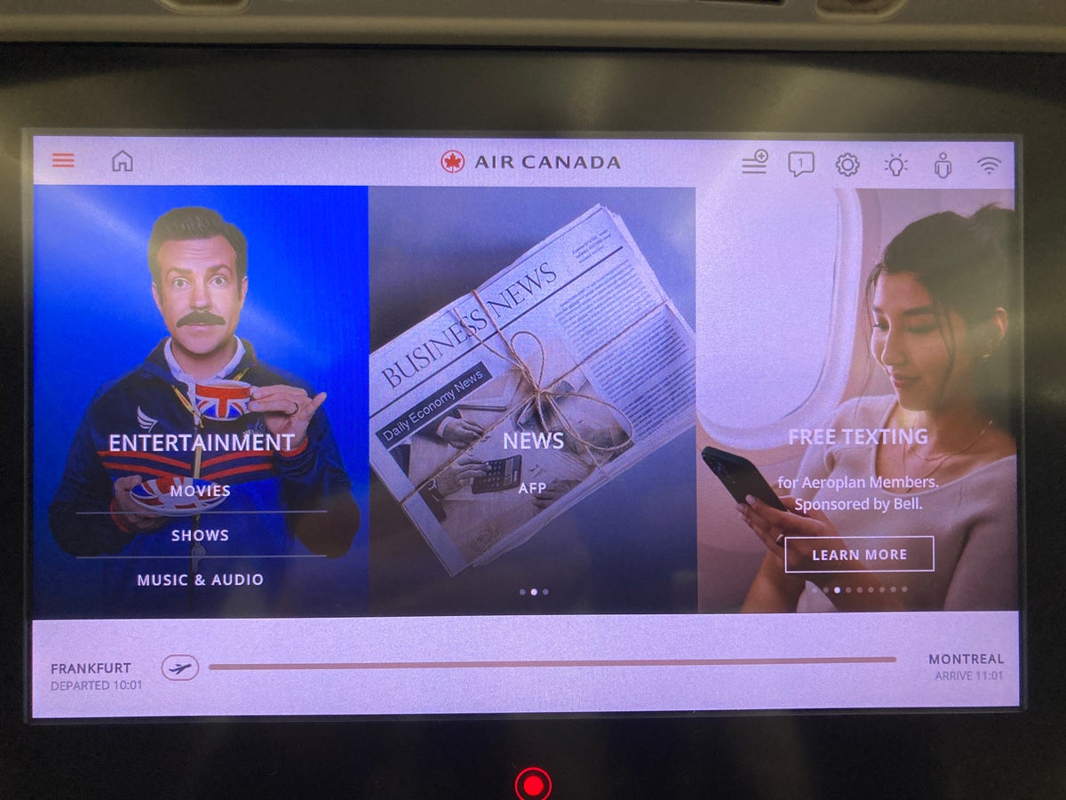 Air Canada B787-9 FRA to YUL economy entertainment home screen