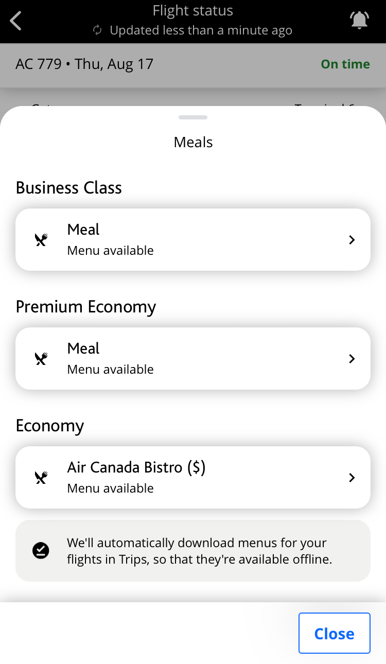 Air Canada B787-9 FRA to YUL economy flight info in app