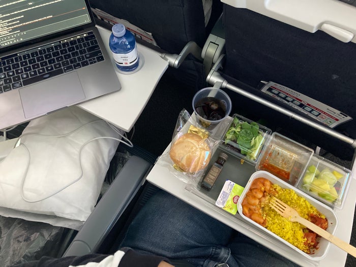 Air Canada B787 9 FRA YUL economy meal with laptop Air Canada B787-9 FRA to YUL economy meal with laptop