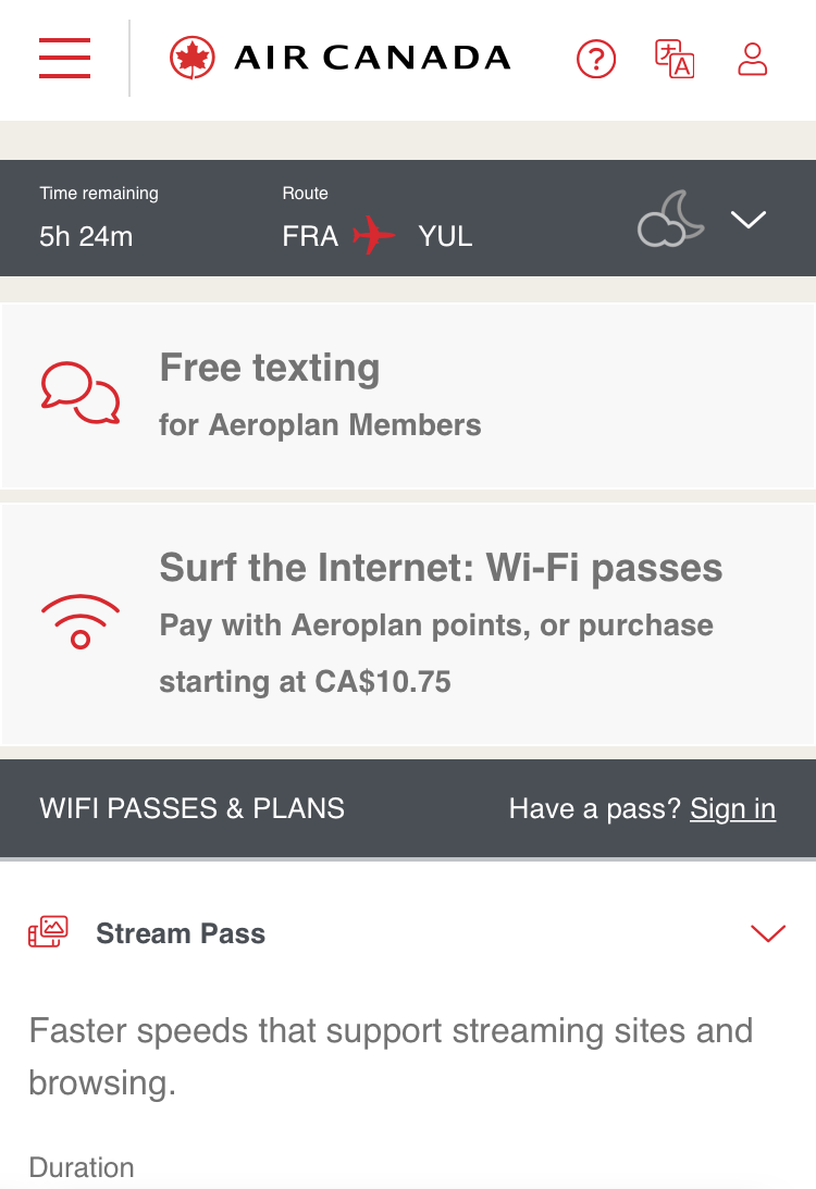 Air Canada B787-9 FRA to YUL economy wifi cost