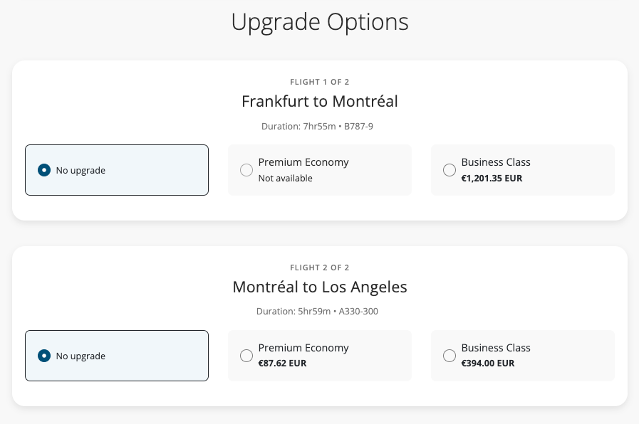 Air Canada upgrade options FRA YUL LAX economy