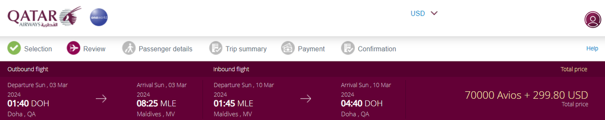 DOH MLE business March 2024 Qatar Avios