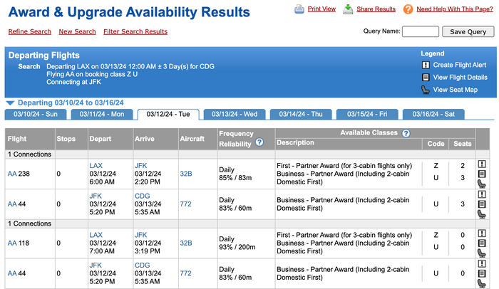 ExpertFlyer AA connecting search results ExpertFlyer AA connecting search results