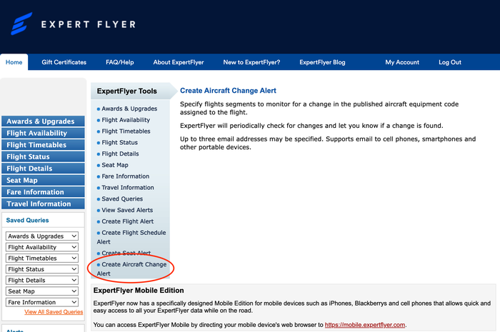 ExpertFlyer aircraft change alert menu option ExpertFlyer aircraft change alert menu option