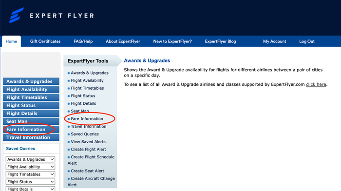 ExpertFlyer fare information menu option ExpertFlyer fare information menu option