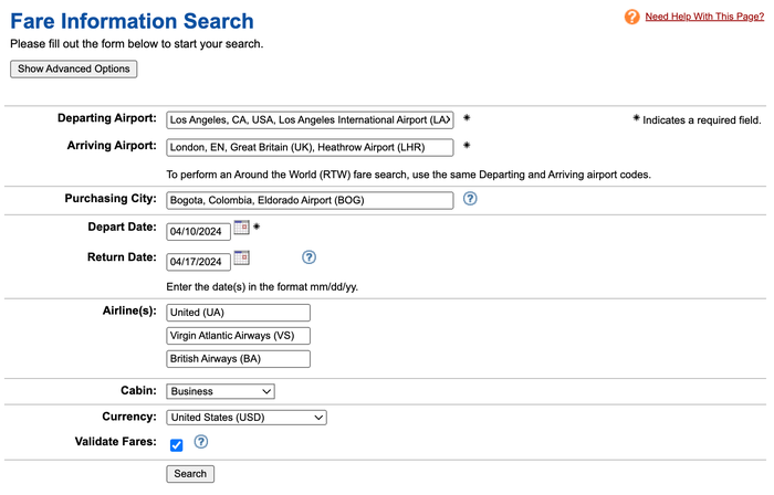 ExpertFlyer fare information search example filled in ExpertFlyer fare information search example filled in