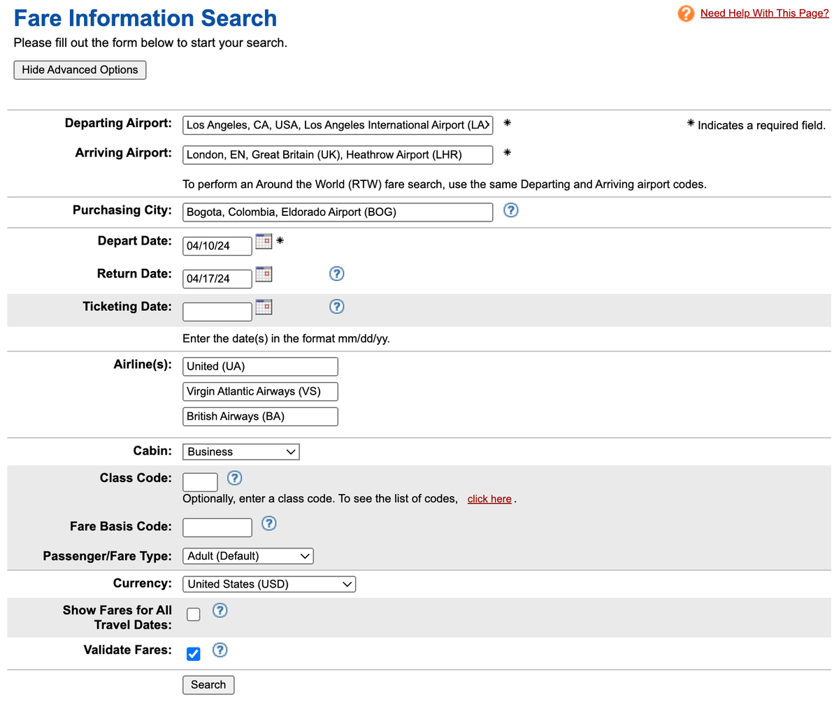 ExpertFlyer fare information search page advanced options