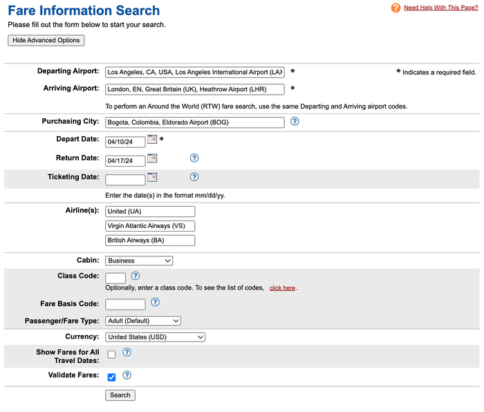 ExpertFlyer fare information search page advanced options ExpertFlyer fare information search page advanced options