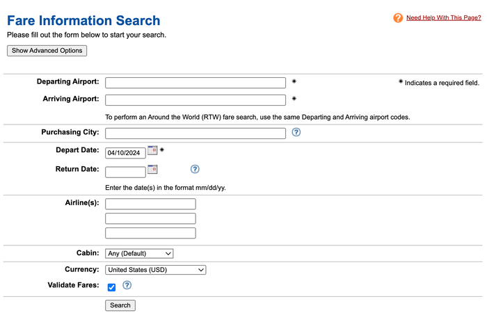 ExpertFlyer fare information search page ExpertFlyer fare information search page