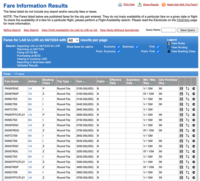 ExpertFlyer fare information search results ExpertFlyer fare information search results