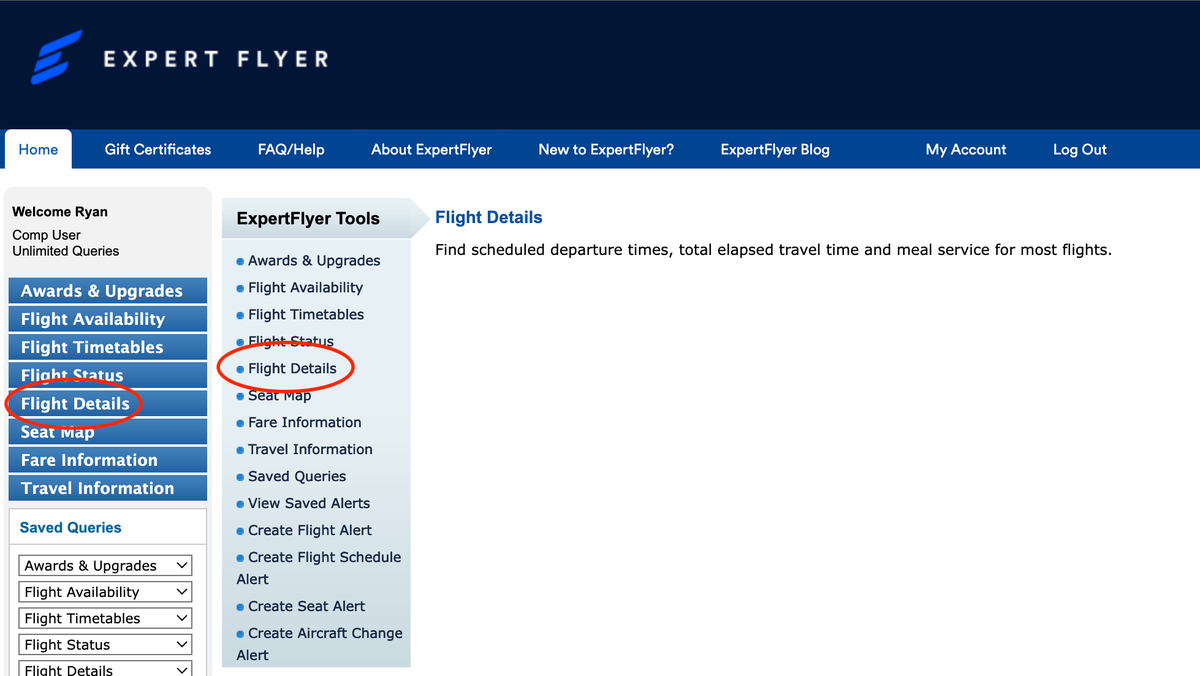 ExpertFlyer flight details on menu