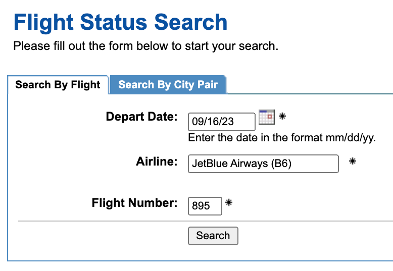 ExpertFlyer flight status search page
