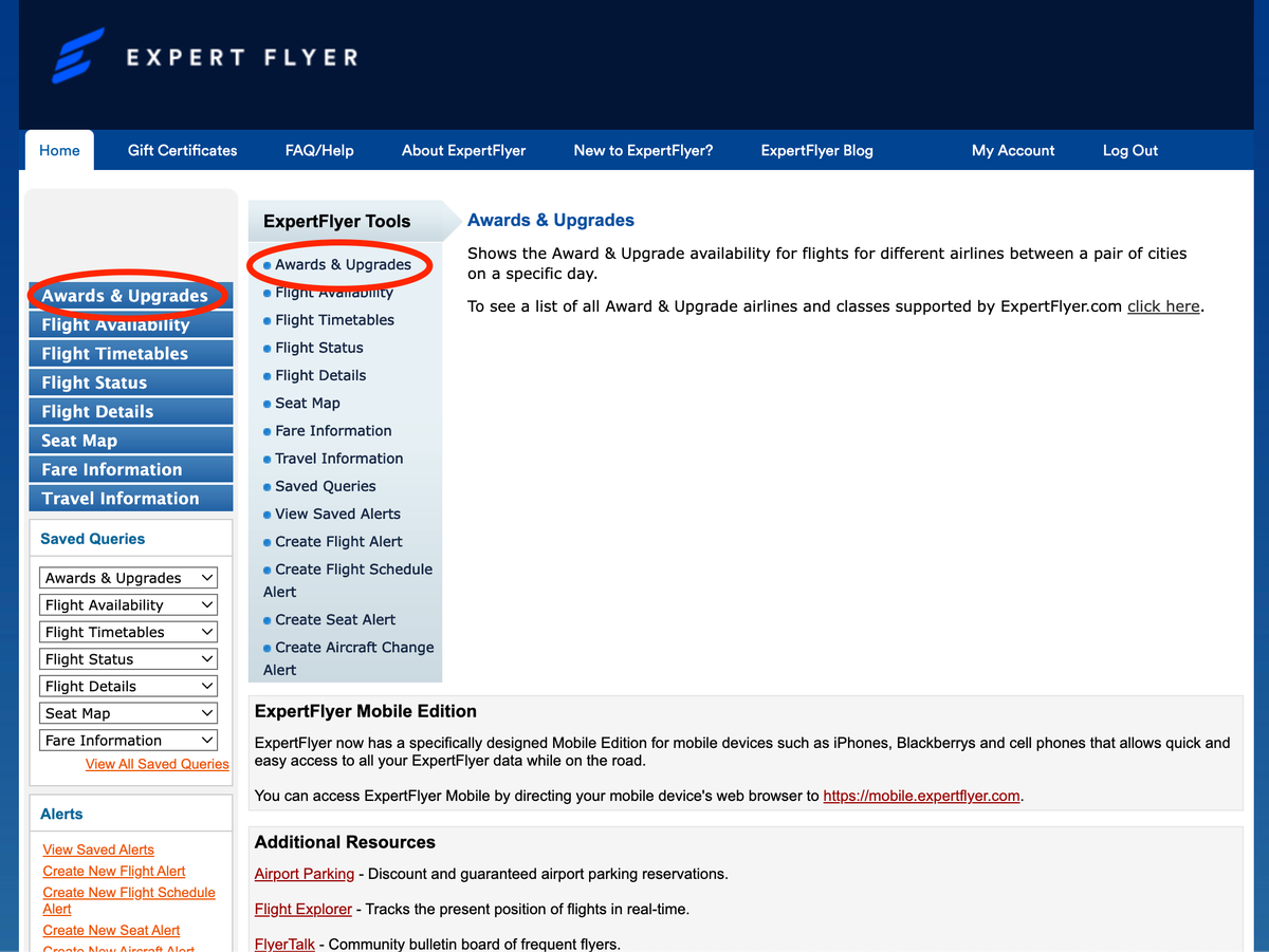 ExpertFlyer home screen awards and upgrades highlighted
