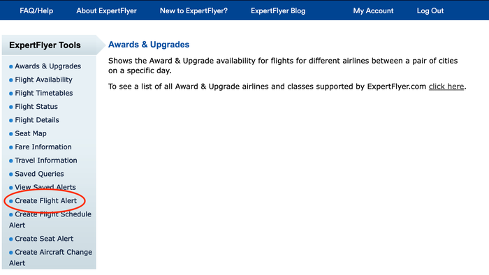 ExpertFlyer home screen create flight alert ExpertFlyer home screen create flight alert