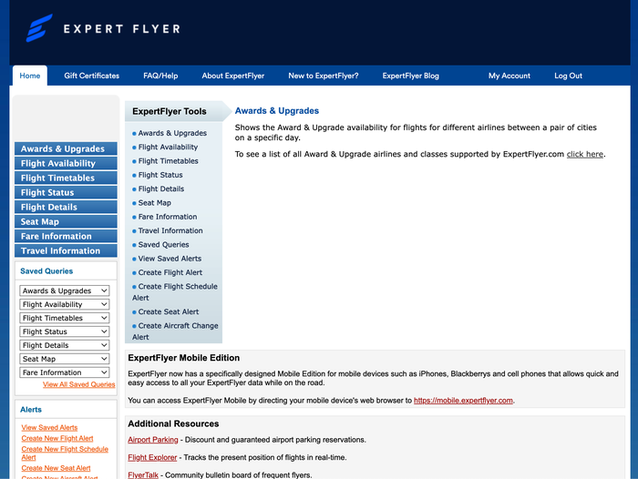 ExpertFlyer home screen ExpertFlyer home screen