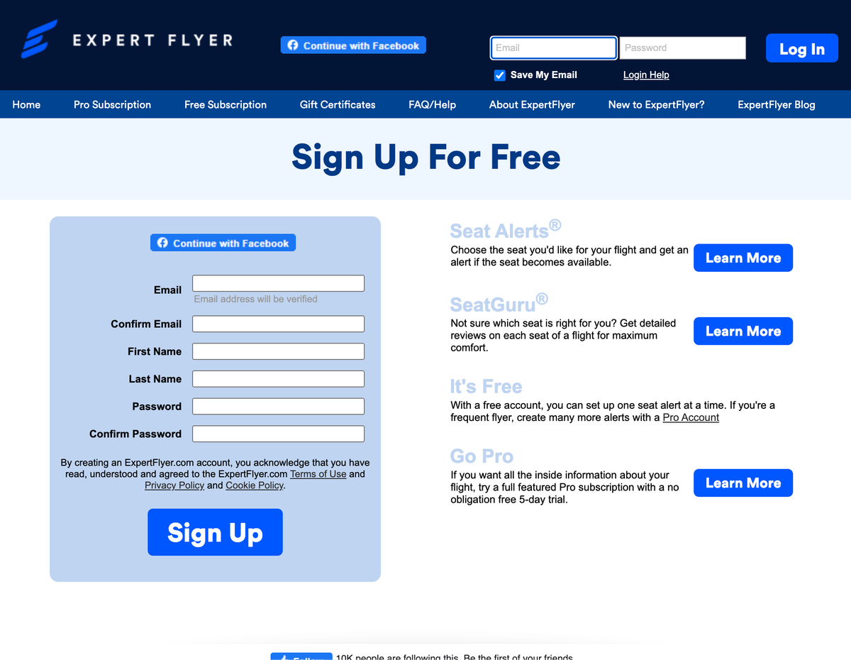 ExpertFlyer sign up page free version